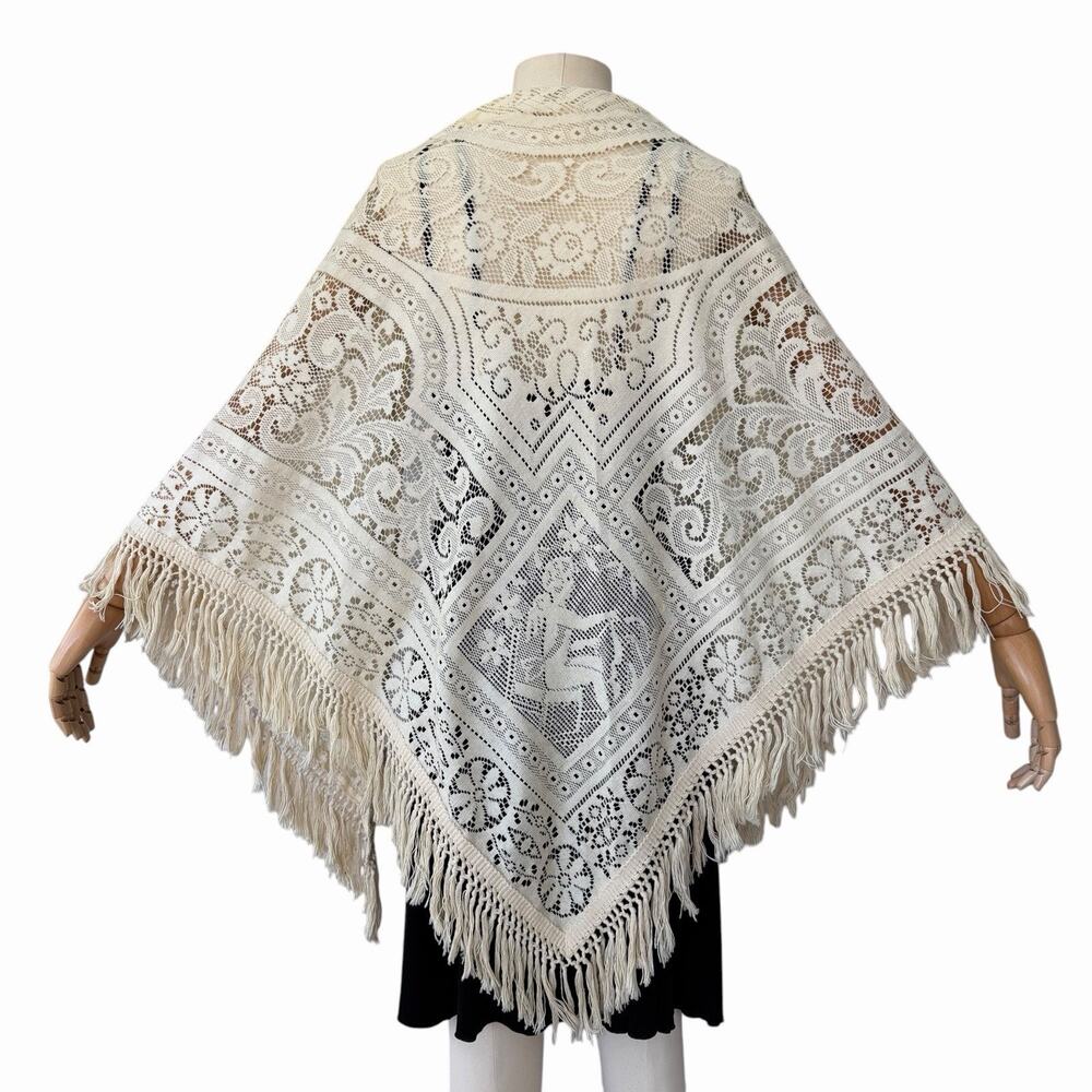 Vintage California Things Lace Shawl w/ Fringe, Romantic Cupid Figure